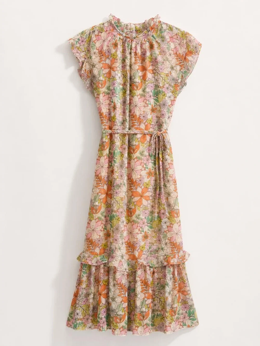 CeCe Floral Midi Dress in Orange, Pink, Green - Picture 1 of 7